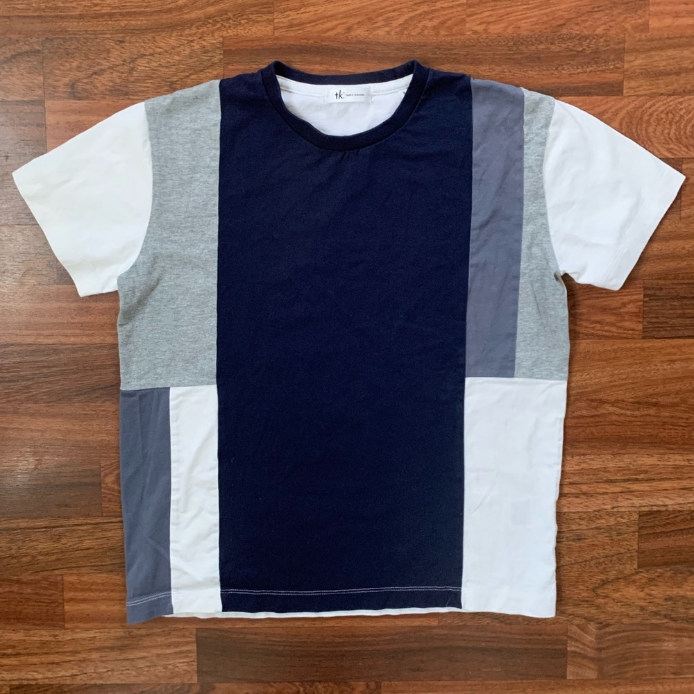Takeo Kikuchi Men Small Color Block T-shirt Navy Blue White And Gray Cotton